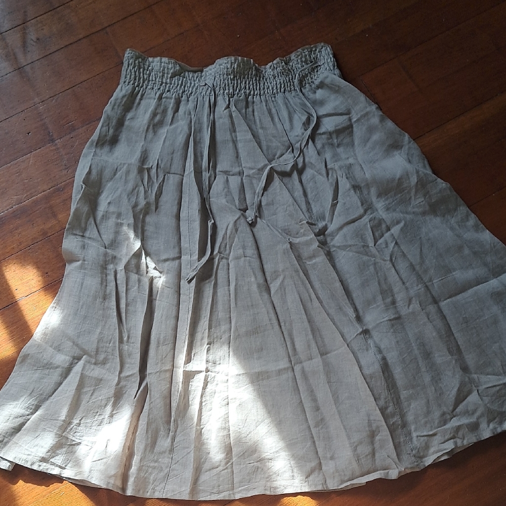 Johnny Was Light Gray Smocked A-Line Skirt 100% Linen